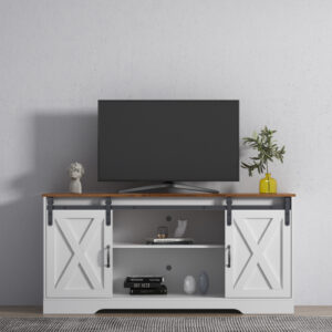 TV Stand Sliding Barn Door Modern&Farmhouse Wood Entertainment Center, Storage Cabinet Table Living Room with Adjustable Shelves for TVs Up to 65″, Distressed White&Rustic